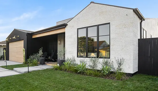 Wood Deck & Decorative Pottery Front Turf and Drought Tolerant Planting Area