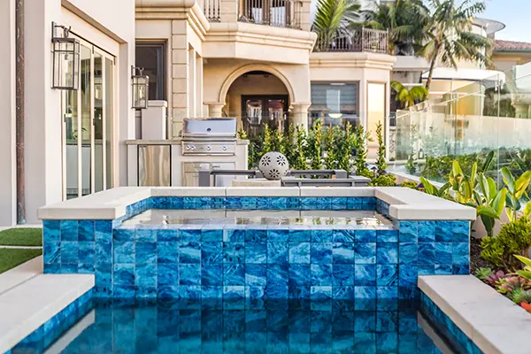 Raised Spa Spillway Wall with Decorative Tile Dana Point